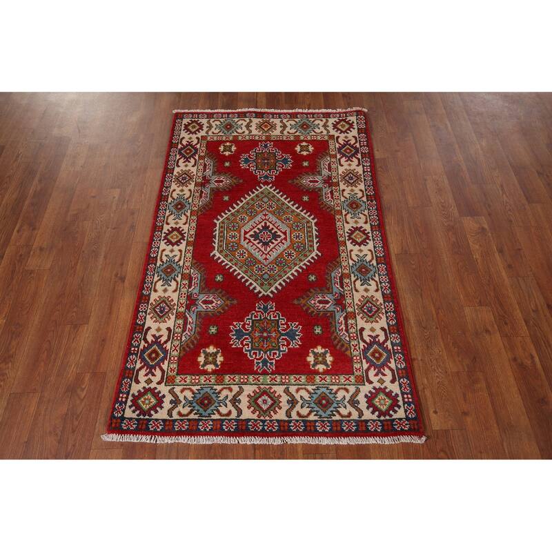 Geometric Red Kazak Accent Rug Home Decor Hand-Knotted Wool Carpet - 2'10" x 4'5"