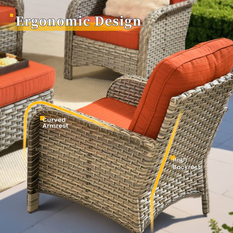HOOOWOOO 9-piece Outdoor Wicker Patio Furniture Swivel Rocking Chair Set with Fire Pit