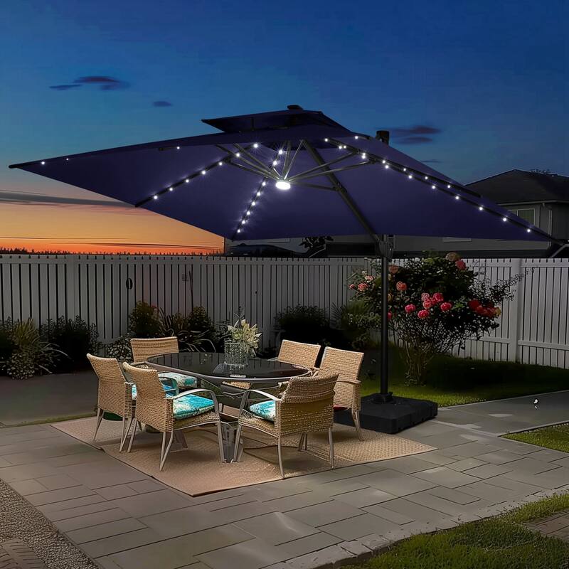 10 FT x 13 FT Outdoor Luxury Solar LED Patio Cantilever Umbrella With Base