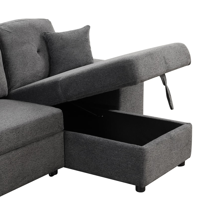 Grey 95'' Reversible L-Shaped 3 Seater Sleeper Sofa with Storage Chaise, Pull-Out Bed and Side Shelf, Includes 2 Stools