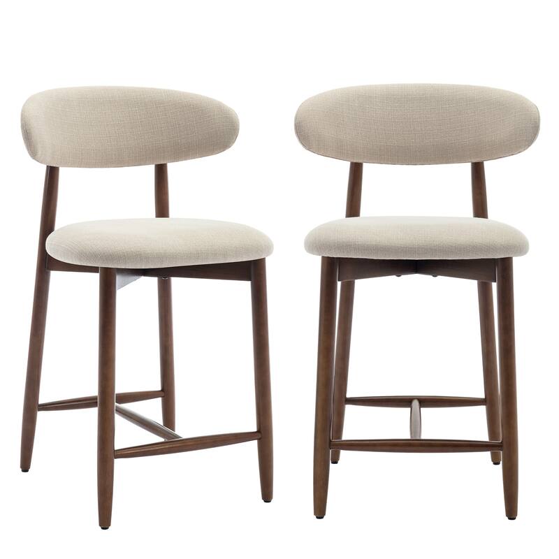 Mid-Century Modern Upholstered Bar Stools Counter Height Wooden Bar Chairs with Backrest Footrest