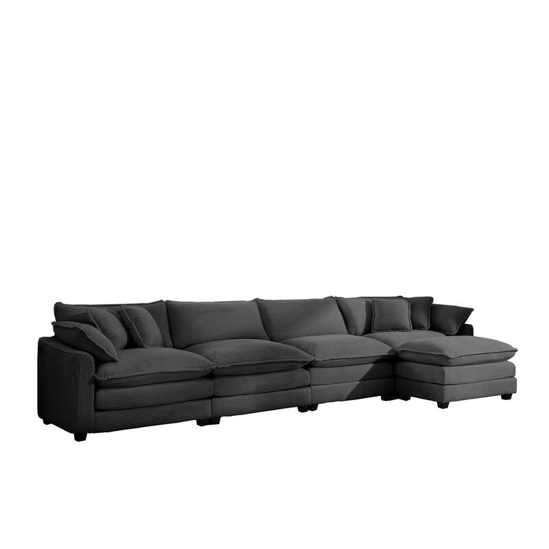 Comfortable 4-Seat Sectional Sofa with High-Resilience Foam & Matching Footstool - Corduroy Upholstery