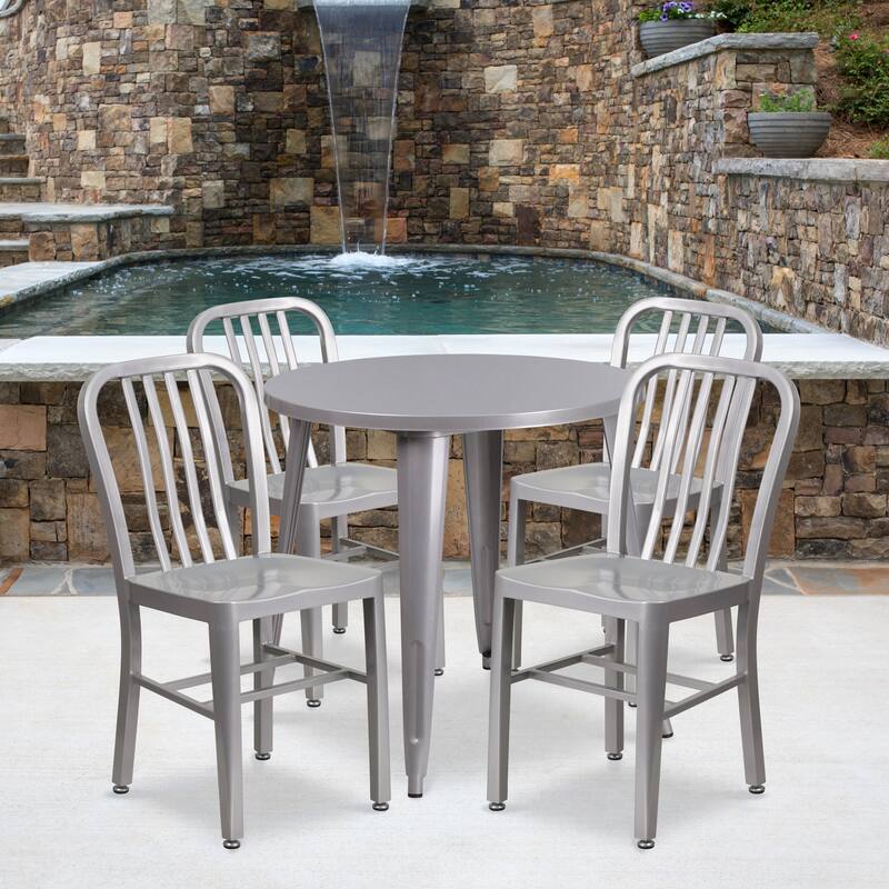 30-inch Round Metal Table and Chairs 5-piece Set - Silver