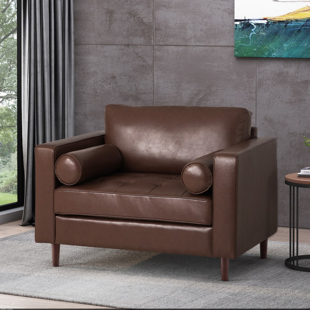 Roomfitters Faux Leather Club Chair with Tufted Seat, Bolster Pillows and Modern Wood Legs for Living Rooms, Dark Brown
