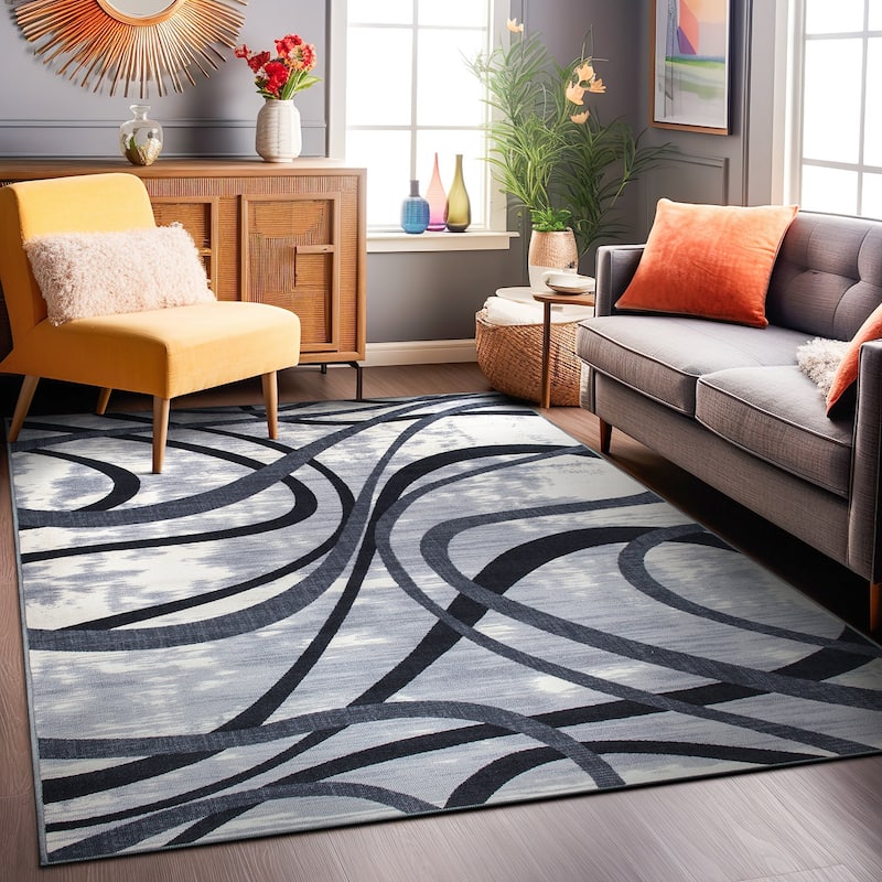 Contemporary Distressed Abstract Lines Non Slip Area Rug