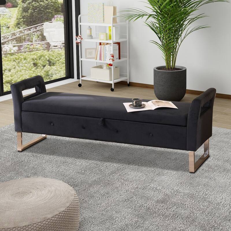 Modern style upholstered bench with hidden storage and upholstered armrests, metal legs for bedroom living room hallway entrance - Black