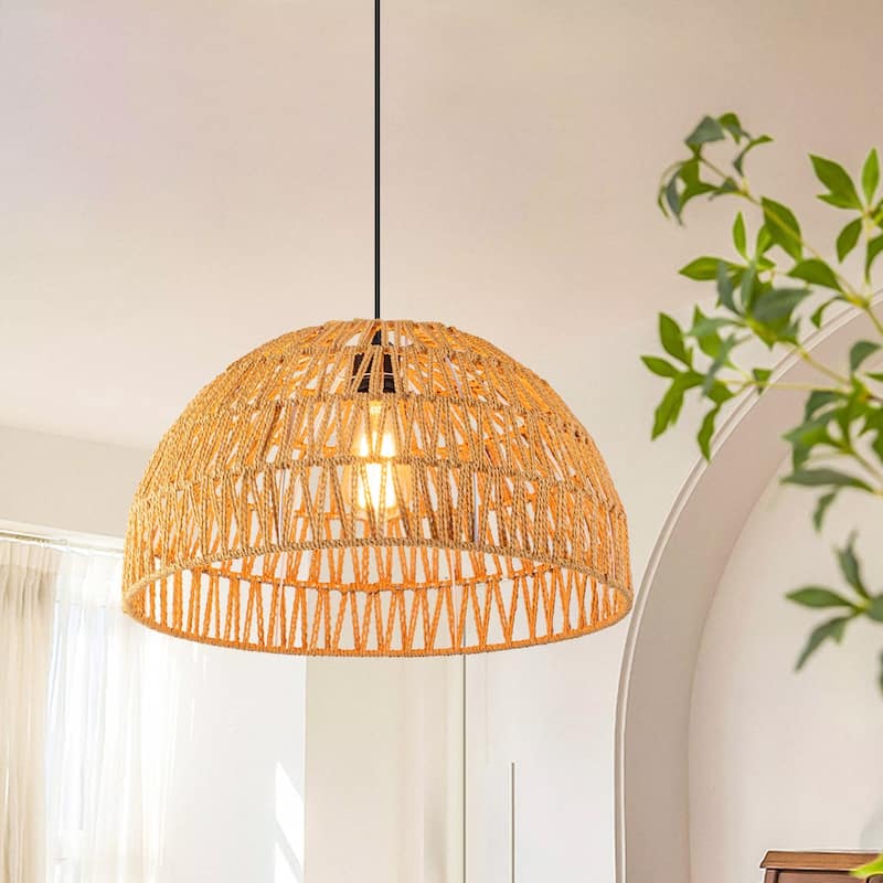 1-Light Modern Farmhouse Bohemian Round Hand-Woven Rattan Flush Mount Light Dome Pendant Light