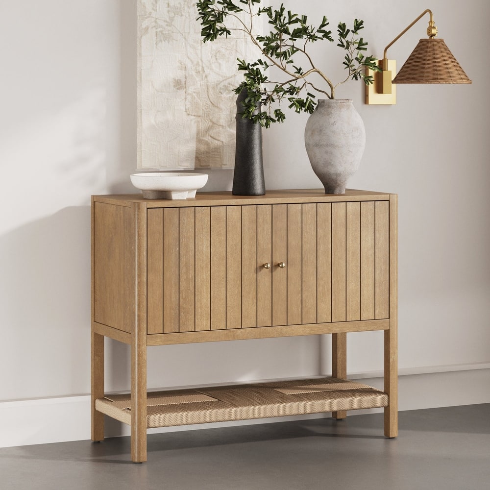 Meads Mid Century Modern Solid Wood Kitchen Cabinet with Adjustable Interior Shelf and Seagrass Bottom Storage