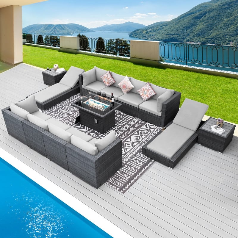 FINCATI 13 Pcs Patio Outdoor Wicker Furniture Sectional Sofa Set with Lounge Chair - 13 Piece - Light Gray