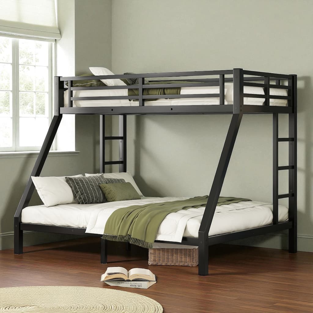 Twin XL over Queen Metal Bunk Bed Frame with Dual Ladders, Guardrails, Under-Bed Storage, and Safety Design