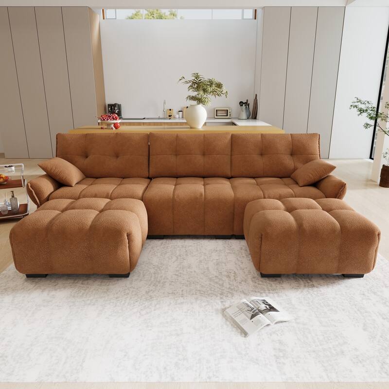 110.2" Chenille U-Shaped Sofa 5 Seater Upholstered Couch with 2 Ottomans for Living Room - Orange