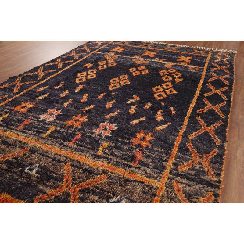 Navy Blue Plush Moroccan Area Rug Handmade Wool Carpet - 7'2" x 10'9"