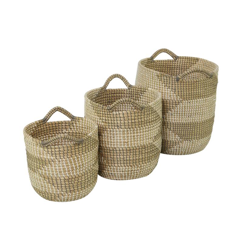 Seagrass Handmade Two Toned Storage Basket with Handles - Set of 3 Brown - CosmoLiving by Cosmopolitan
