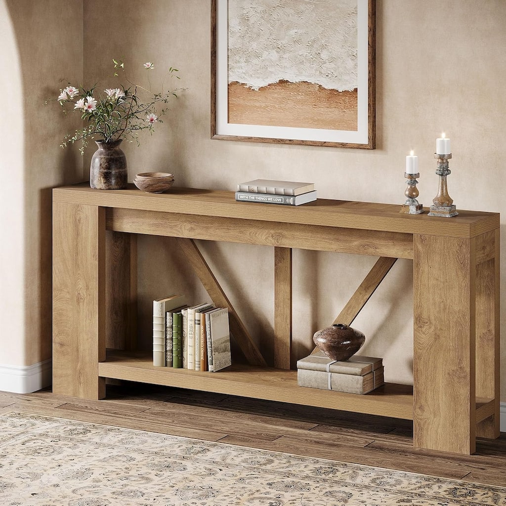 70.9 Inches Brown Engineered Wood Console Table, 2-Tier Behind Couch Sofa Table for Living Room