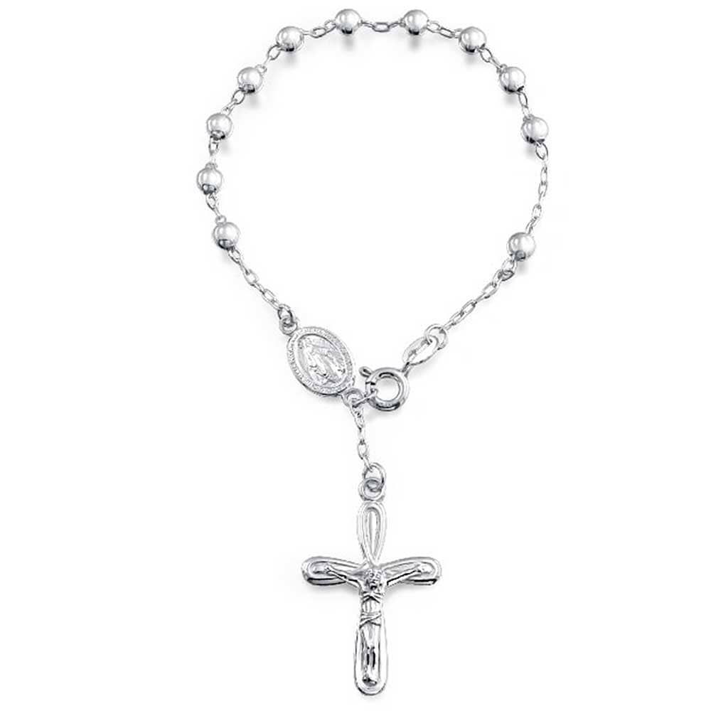 8/" Adjustable Sterling Silver Miraculous Medal Dangle Cross Rosary Bracelet 7/"