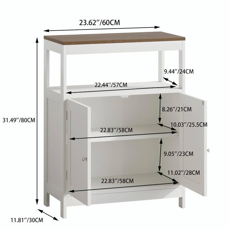 Modern Storage Cabinet with Double Doors, Freestanding Wood Organizer with Open Shelf and Natural Wood Top