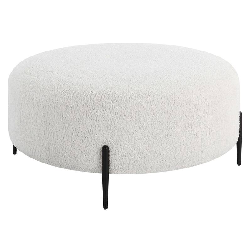 Round Faux Shearling Plush Ottoman - 40" - White and Black - Large