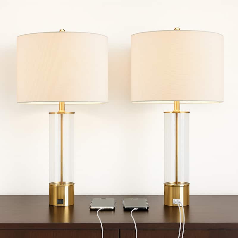 3-Way USB Table Lamp Set of 2 with Type C Port - 25.5 in. H - 25.5 in. H - Brass