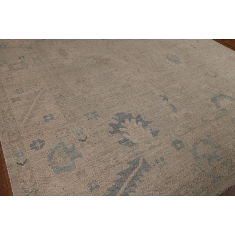 Beige Vegetable Dye Oushak Turkish Rug Hand-Knotted Floral Wool Carpet - 8'11"x 11'7"