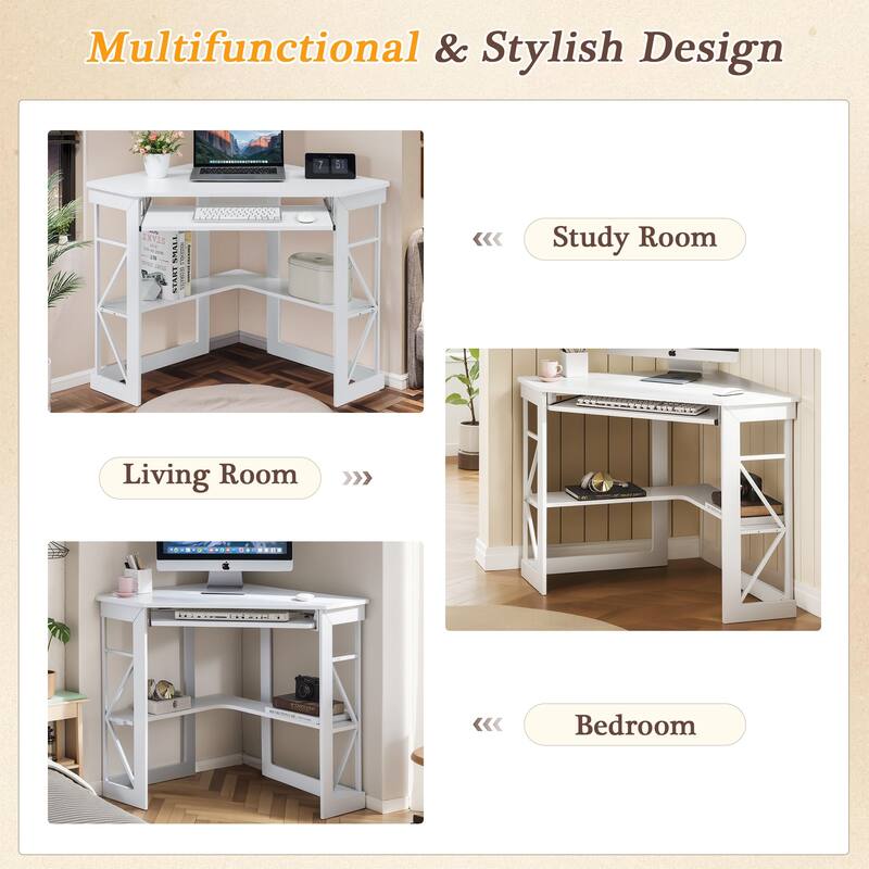 VECELO Triangular Corner Desk with Keyboard Tray Space Saving Metal Computer Desk for Home Office Study Bedroom
