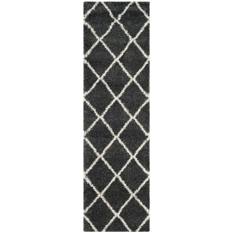 SAFAVIEH Hudson Shag Estella Diamond Trellis 2-inch Thick Rug - 2'3" x 12' Runner - Dark Grey/Ivory