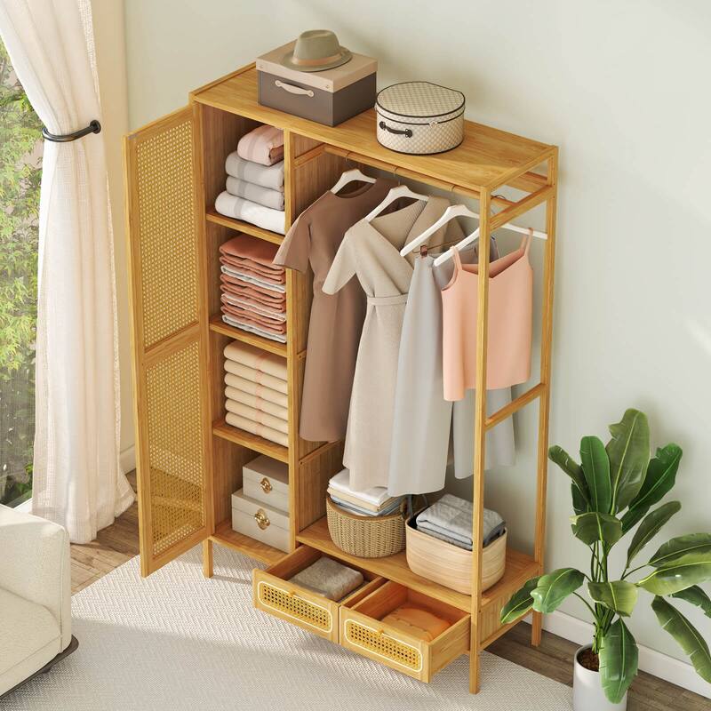 Costway Bamboo Clothing Rack with Cabinet Hanging Rod Storage Shelf & - Natural - See Details
