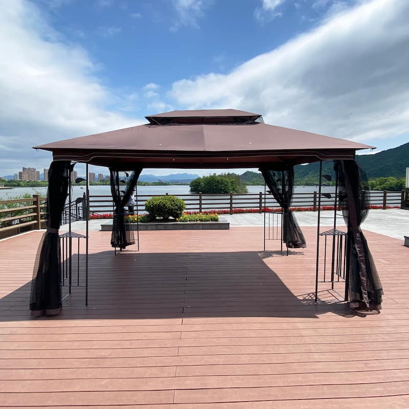 13x10 FT Patio Steel Gazebo, Canopy Tent with Ventilated Double Roof, Mosquito Netting & Privacy Screens for Garden, Backyard