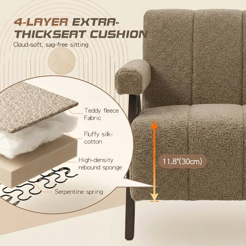 Mid Century Modern Accent Chair, Solid Wood Upholstered Armchair with Wide Backrest and Thick Cushion