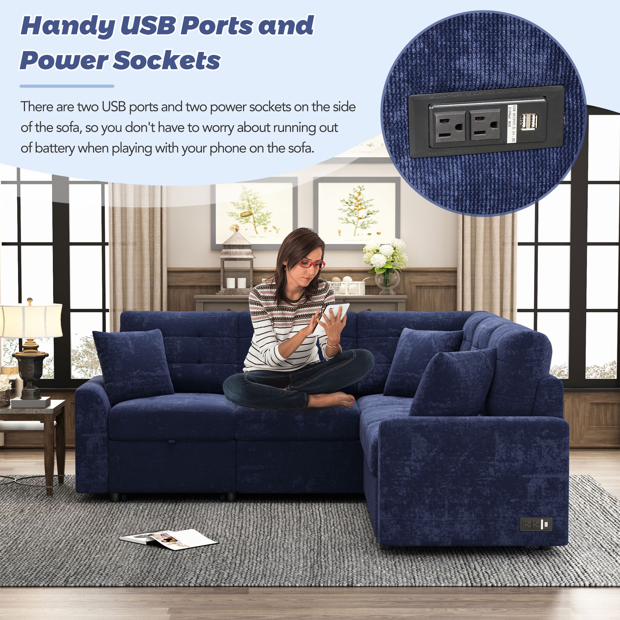 82.6 Sectional Sofa Convertible Sleeper Sofa Bed with Wheels Power Sockets Pull out Sleeper Couch for Living Room Navy Blue