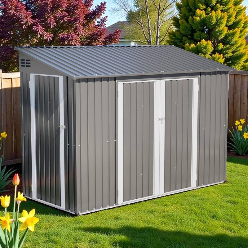 9 x 4 FT Outdoor Metal Storage Shed with Lockable Double Door, Waterproof Garden Tool Shed for Backyard - Grey