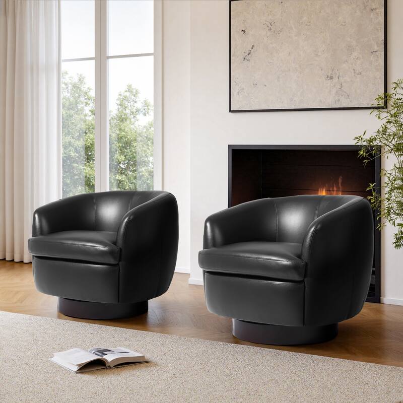 PU Upholstered Swivel Barrel Accent Chair With Wood Base (Set of 2)
