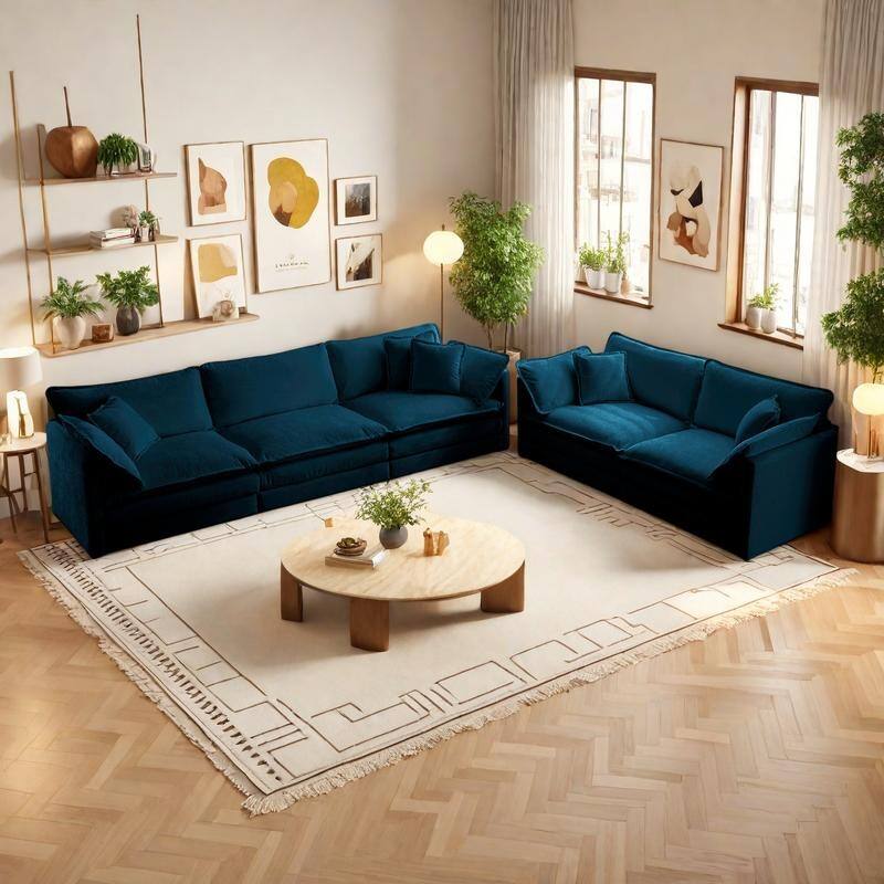 5-Seat Chenille Sofa Set (3-Seater + 2-Seater) with Deep Seats & Solid Wood Frame - Blue
