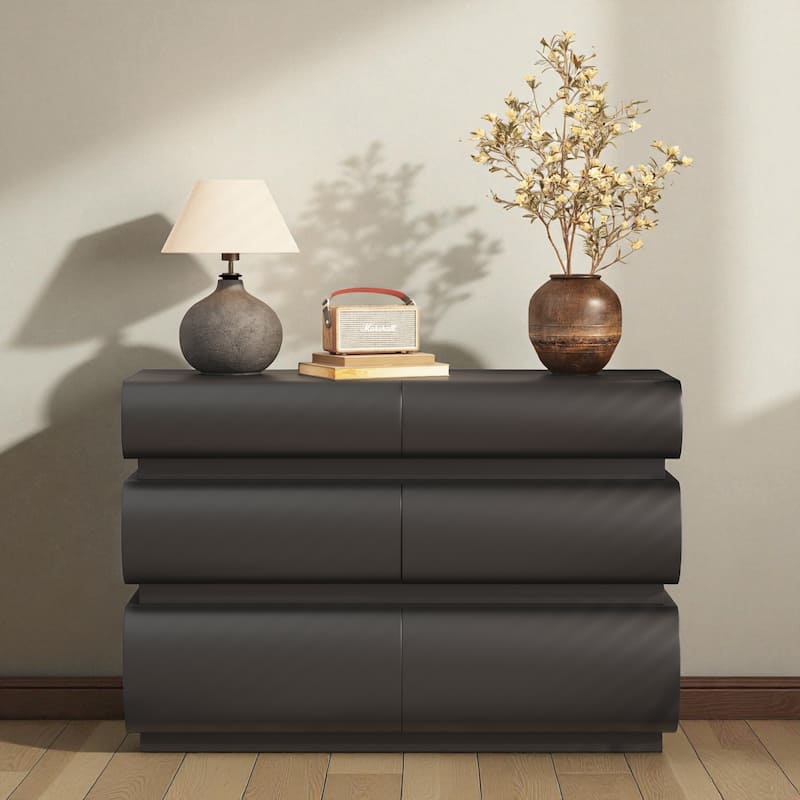 Modern 6-Drawer Dresser for Bedroom Handleless Chest Wide Storage Cabinet Minimalist MDF Drawer Organizer - Black