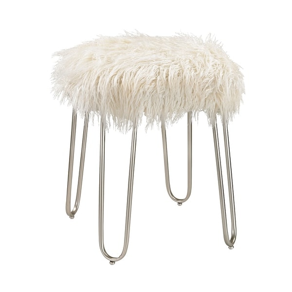20.5" White Faux Fur Retro Foot Stool with Silver Metal Legs - N/A
