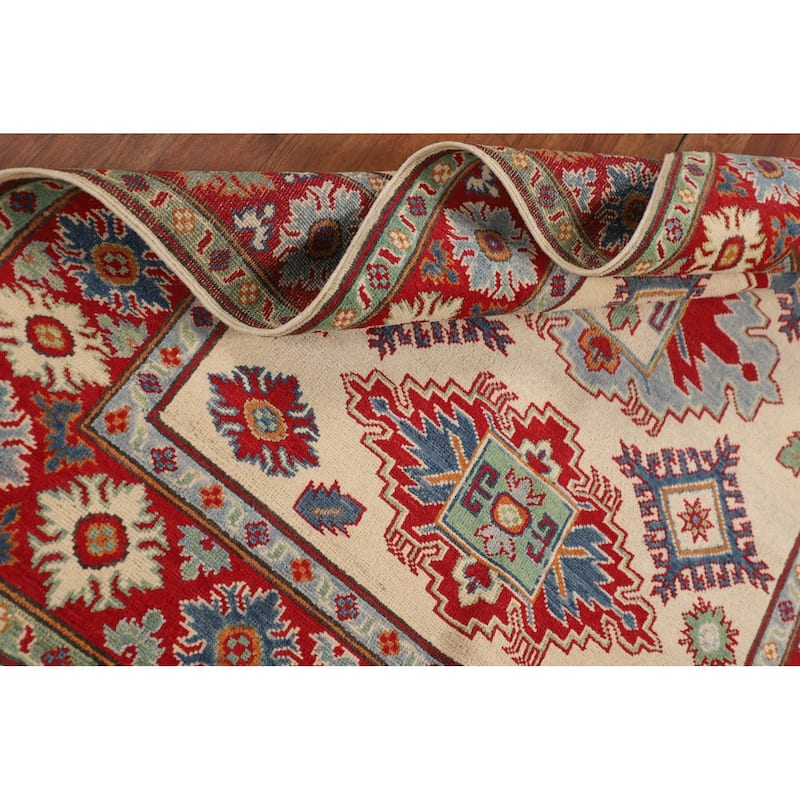 Geometric Beige / Ivory Kazak Oriental Area Rug Handmade Wool Carpet - 4'2" x 5'7"