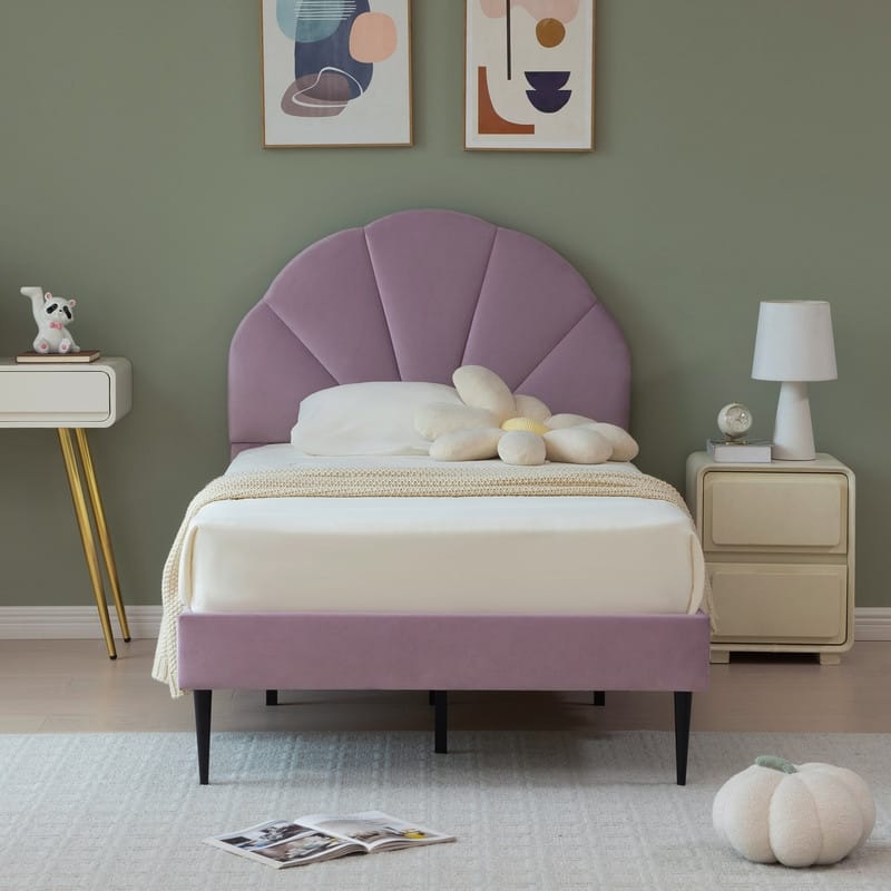 Upholstered Bed with Unique Seashell Headboard - Purple - Twin