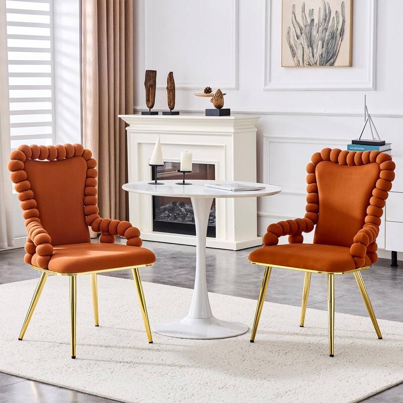 Set of 2 Puffy Bubble Velvet Dining Chairs with Ball Chain Design & Gold Legs