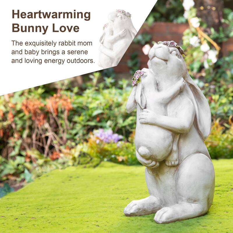 Glitzhome MGO Cute Sitting Bunny Hugging Mom and Baby Rabbit Garden Statue Indoor Outdoor Decoration