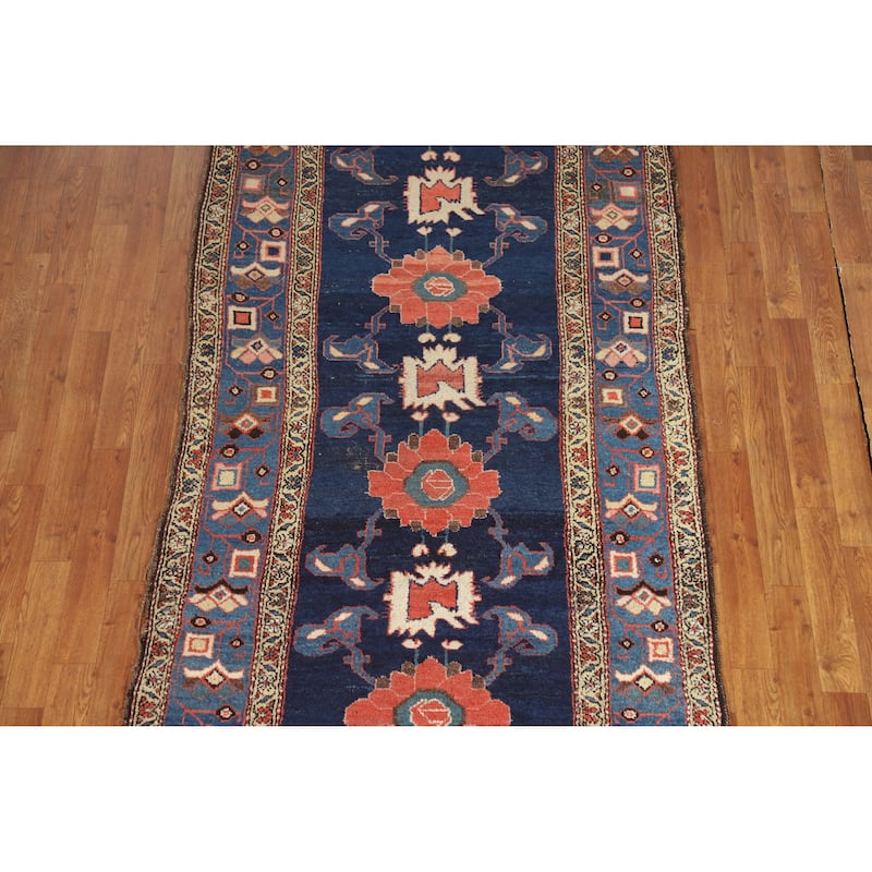 Hand Knotted Oriental 100% Wool Carpet Traditional Floral Navy Blue & Blues Heriz Runner Rug - 14' 9'' X 3' 9''