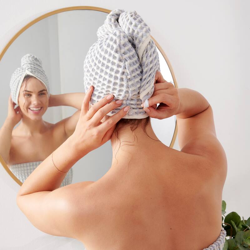 DKNY PURE Yarn Dyed Waffle Body Wrap and Hair Wrap Set