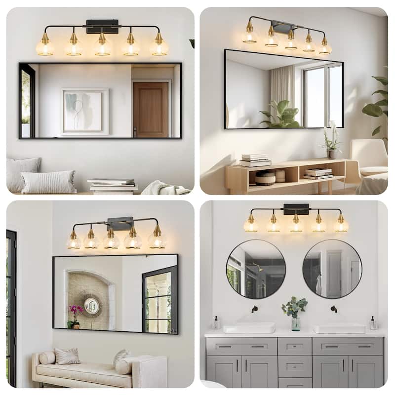 40" 5-Light Black Gold Vanity - Clear Glass - Industrial - Bathroom(Bulb Not Included)