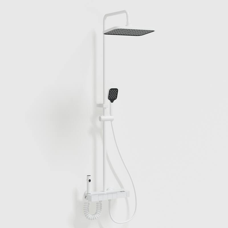 White Thermostatic Shower System with Digital Display, 4 Function Rainfall Shower Head CEC Certified Aluminum Shower Faucet Set