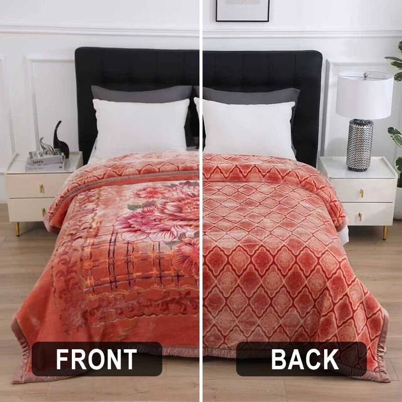 Luxury Heavy Thick Plush Blanket 2 Ply A&B Disign For Winter - King-85"x95" - Peony Orange