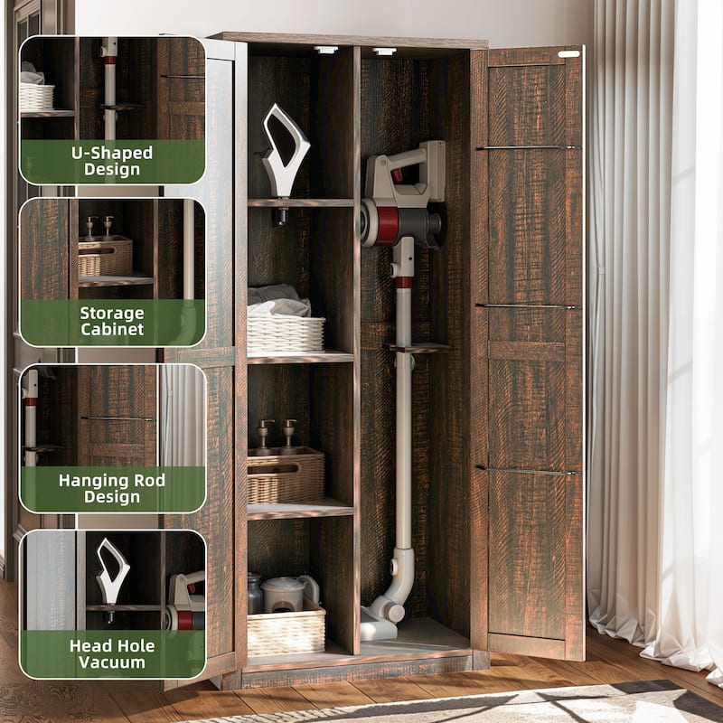 Moasis Broom Closet Storage Cabinet with Doors and Shelves for Farmhouse Organization