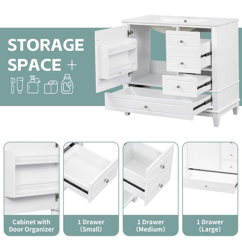 36"Bathroom Vanity with Ceramic Sink, 3 Drawers & Cabinet with Shelves, Freestanding Vanity Cabinet with 4-Inch Faucet Holes