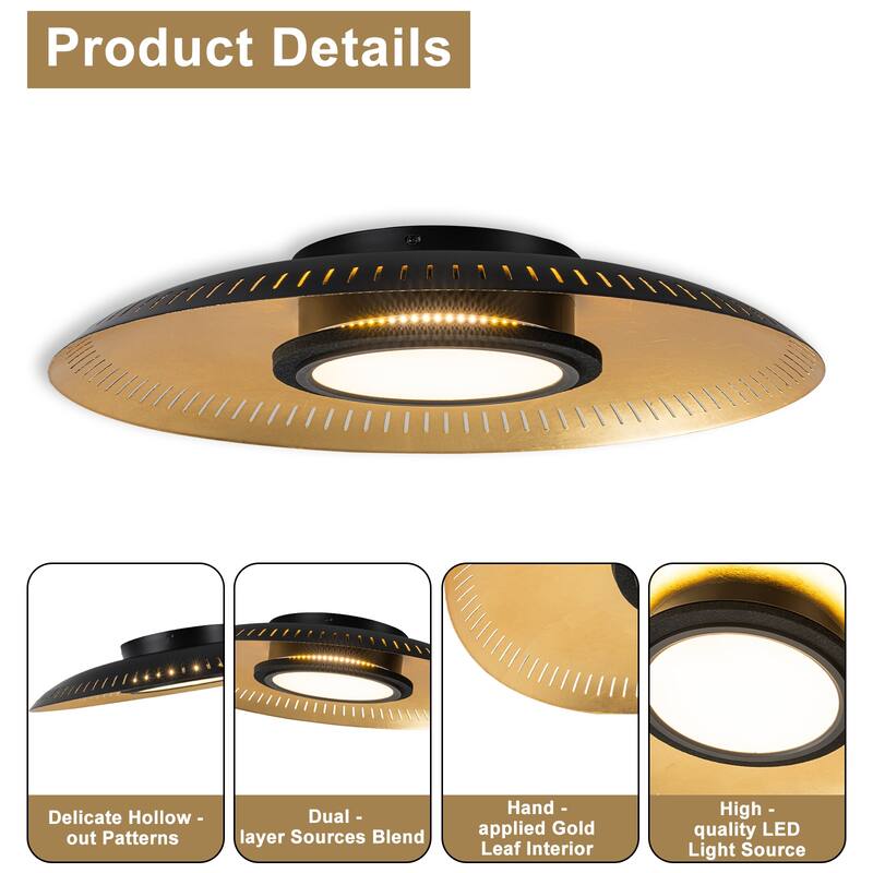 Black Iron LED Flush Mount Ceiling Light with Gold Foil Interior - Dia.22.83-in