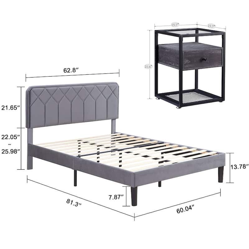 VECELO, 3-Pieces Upholstered Platform Bed Frame with Height Adjustable Headboard and Nightstands Set of 2