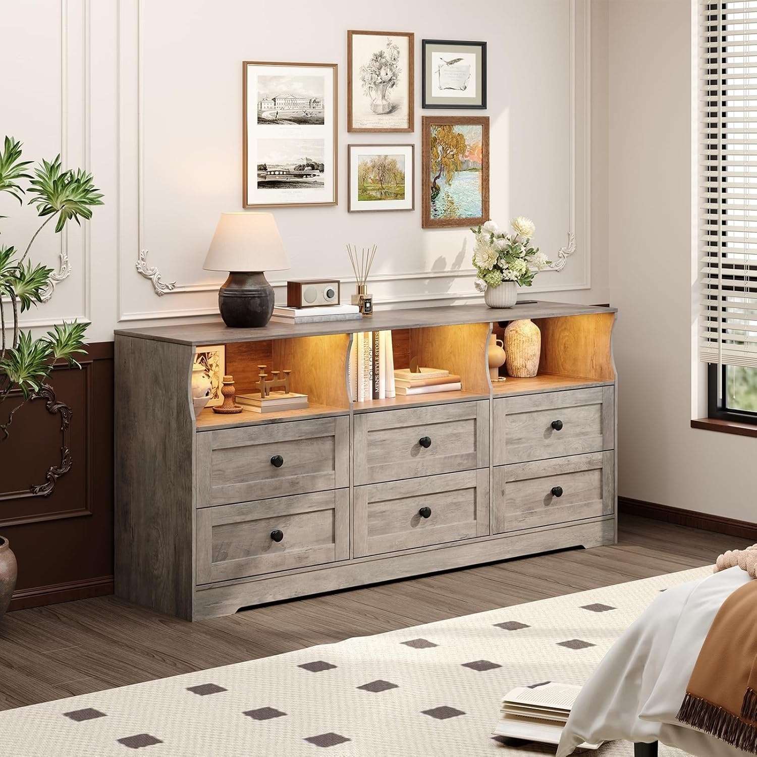 Dresser with RGB Lights & Power Outlet, TV Stand Storage Cabinet for Living Room Bedroom Entryway