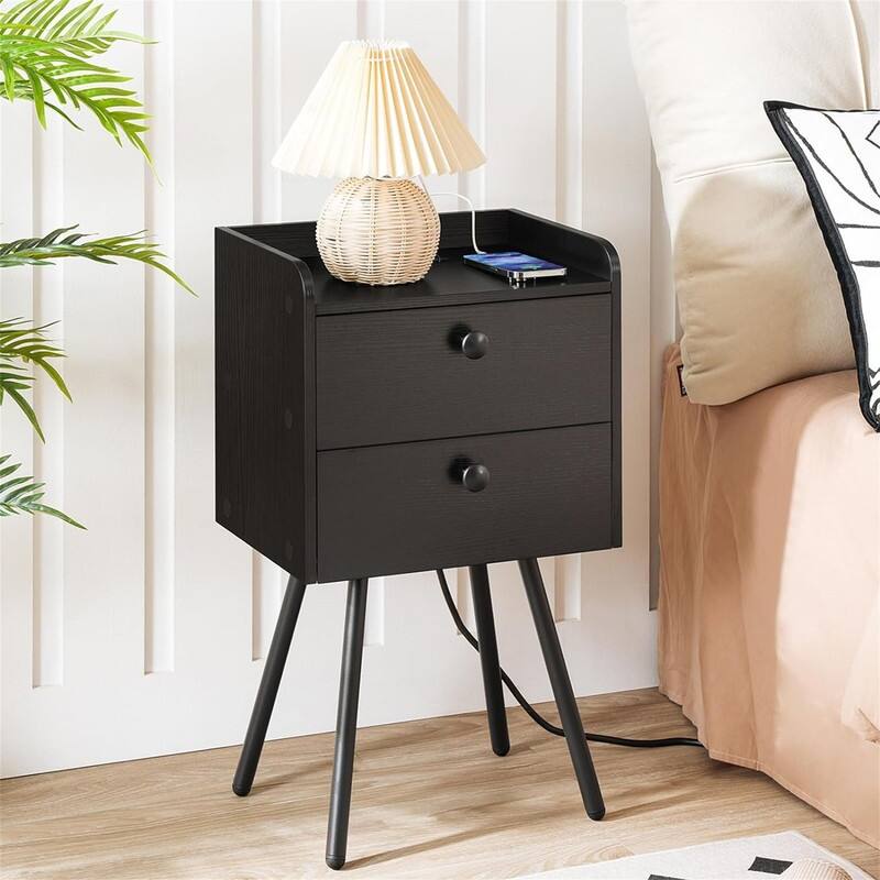 Nightstand with Charging Station Modern Side Table with 2 Drawers - Black - 1-drawer