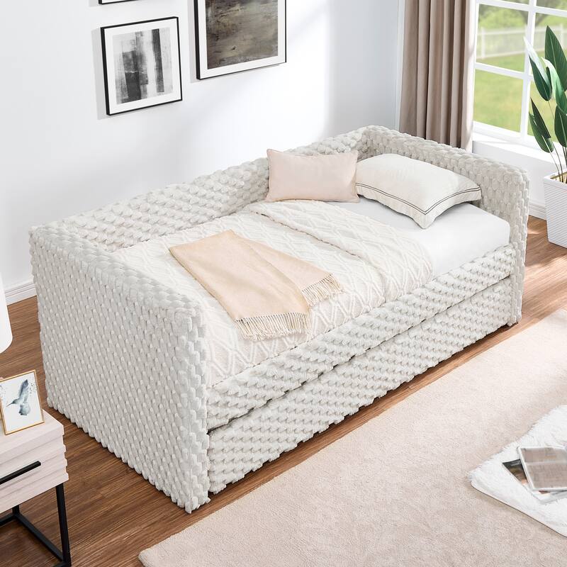 Modern Twin Size Upholstered Sofa Bed with Pull-Out Feature, Beige Plaid Corduroy Fabric